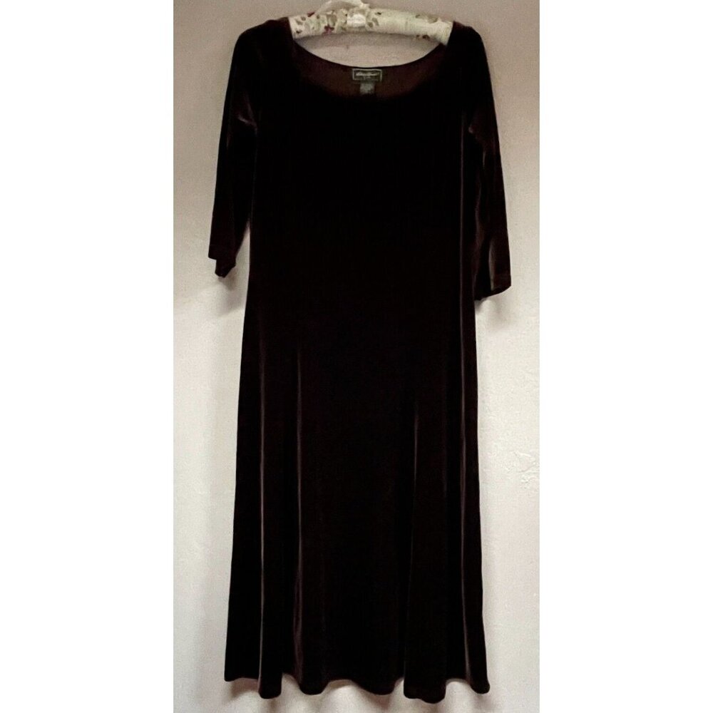 Eddie Bauer 3/4 Sleeve Velvet Flowy Fit & Flare Midi Dress Medium Petite Brown